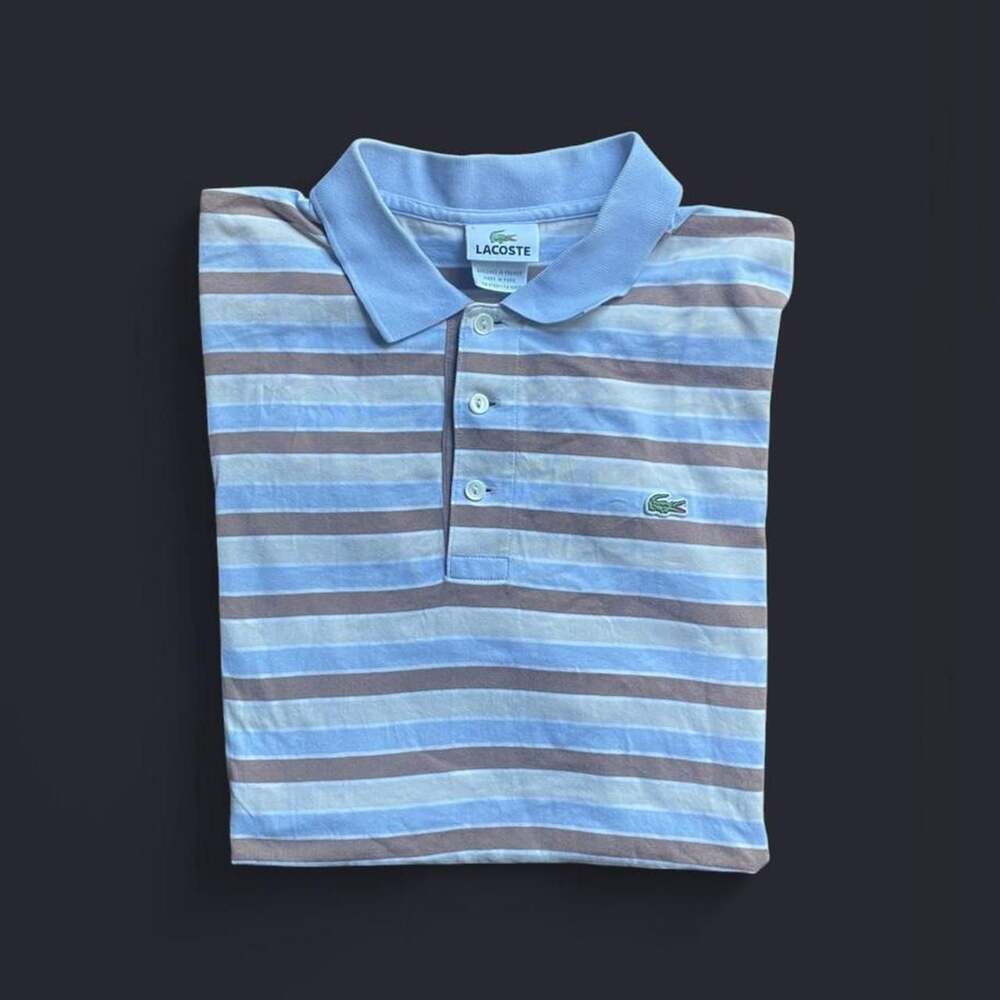 Lacoste Polo Men’s 5 Large Striped Brown Tan Blue Shirt